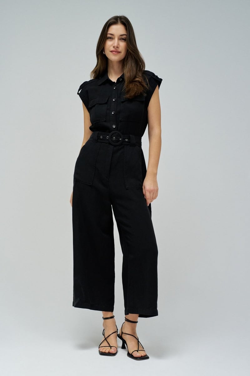 Black Belted Utility Jumpsuit with Button Front