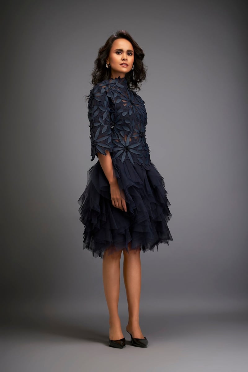 Navy Blue Floral Applique Fit and Flare Knee-Length Dress
