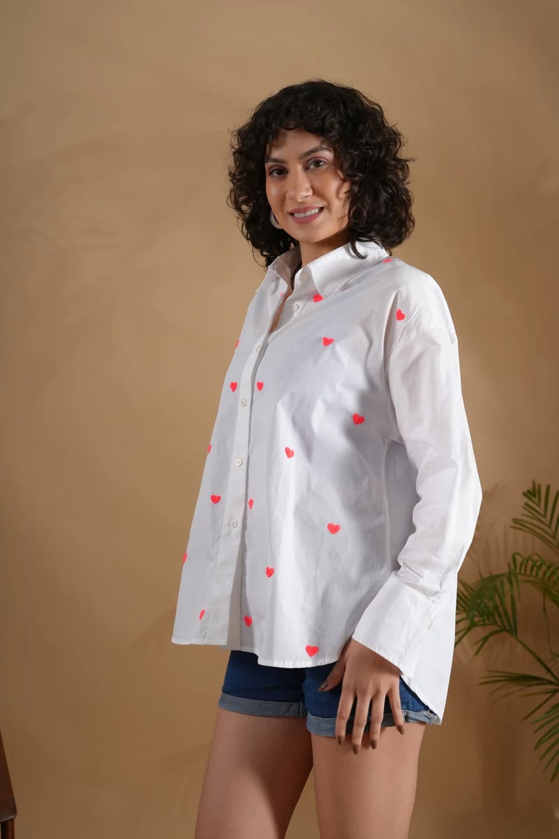 White Oversized Heart Embroidered Button-Down Shirt