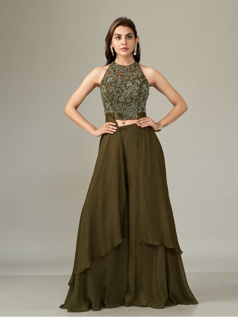 Green Embellished Halter Co-ord Set with Wide-Leg Pants