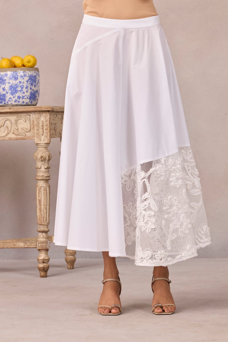 Bright White Panelled Flared Midi Skirt with Floral Applique