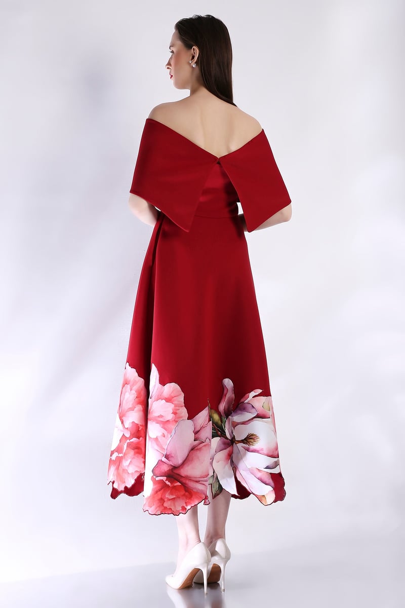 Deep Red Off-Shoulder Fit and Flare Midi Dress