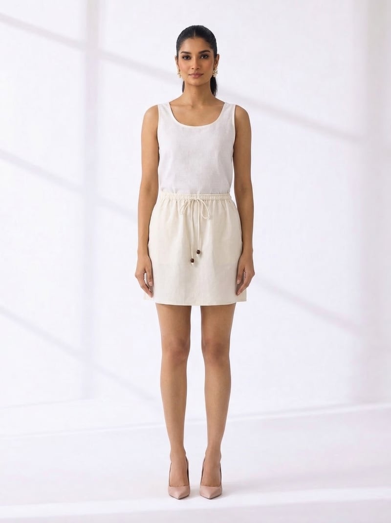 Off-White Linen Blend Drawstring Mini Skirt — QUZU