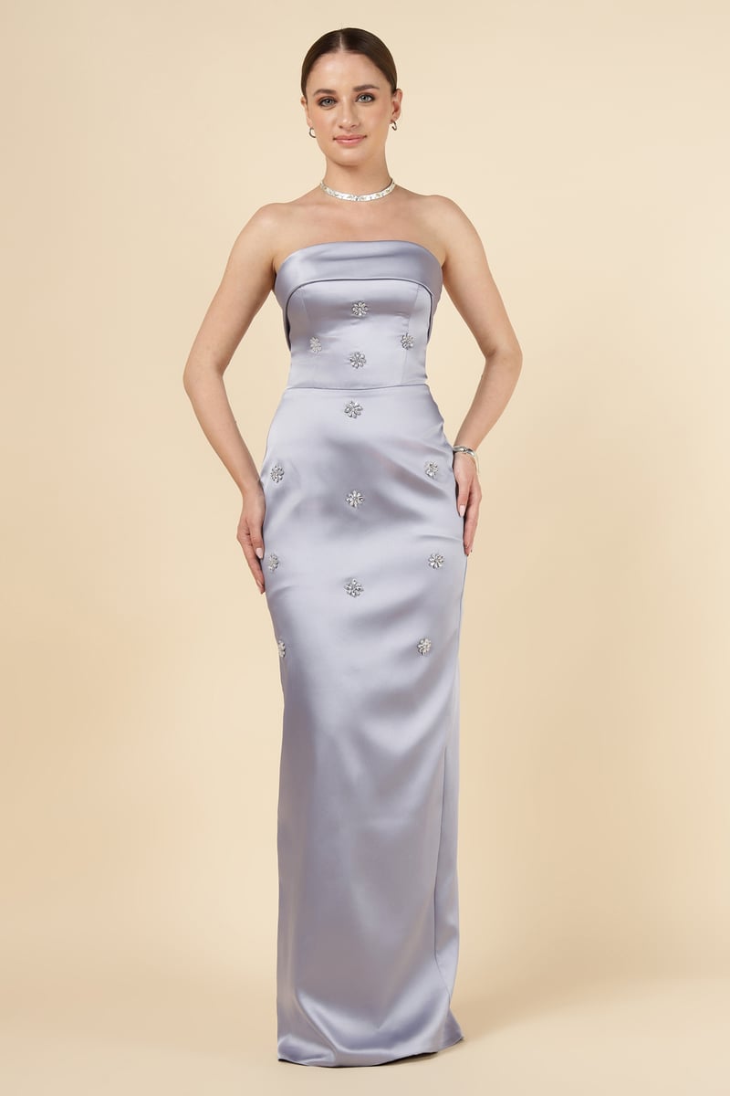 Silver/Purple Strapless Embellished Maxi Gown