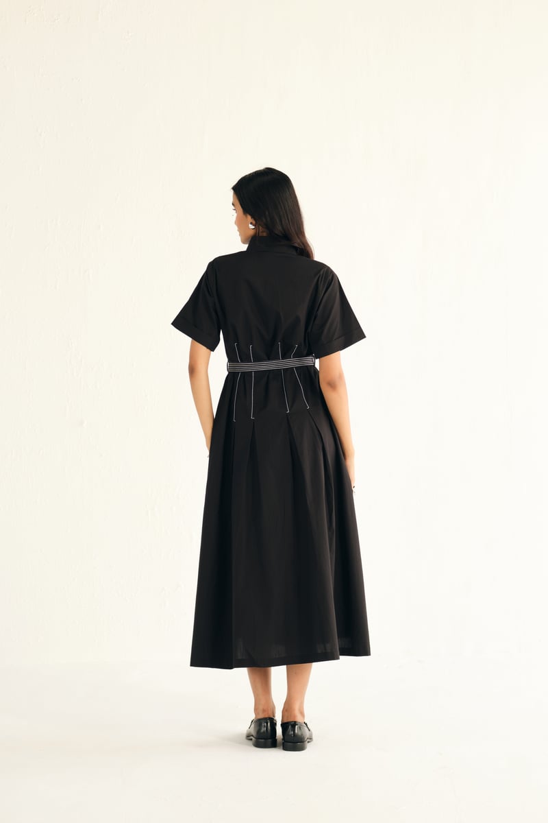 Black Poplin Midi Shirt Dress with Contrast Stitch Belt