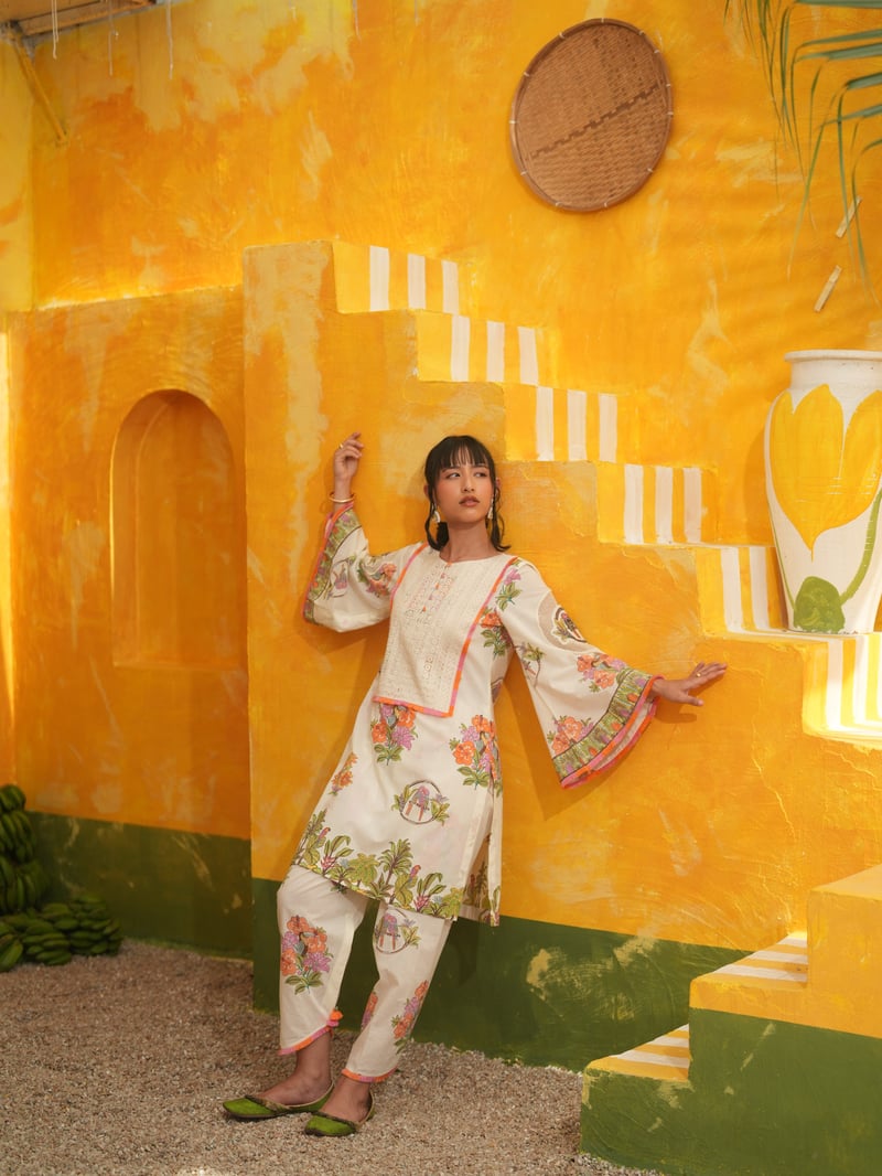 Off-White Tropical Print Kurta Set with Bell Sleeves