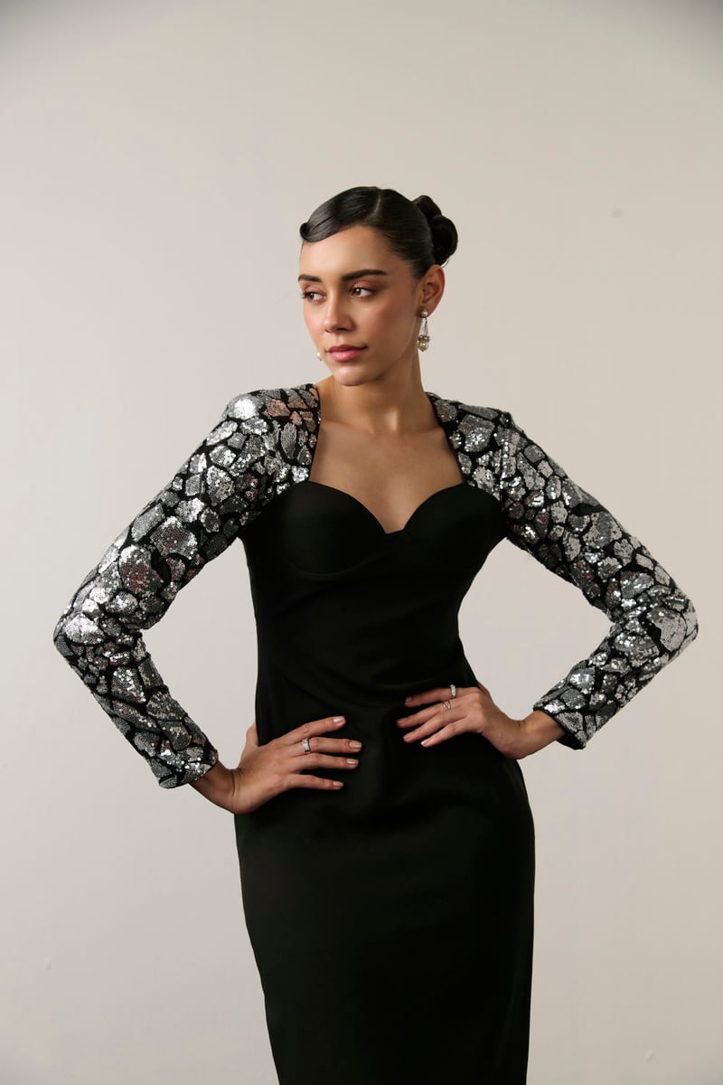 Black/Silver Sequin Sleeve Sweetheart Midi Sheath Dress
