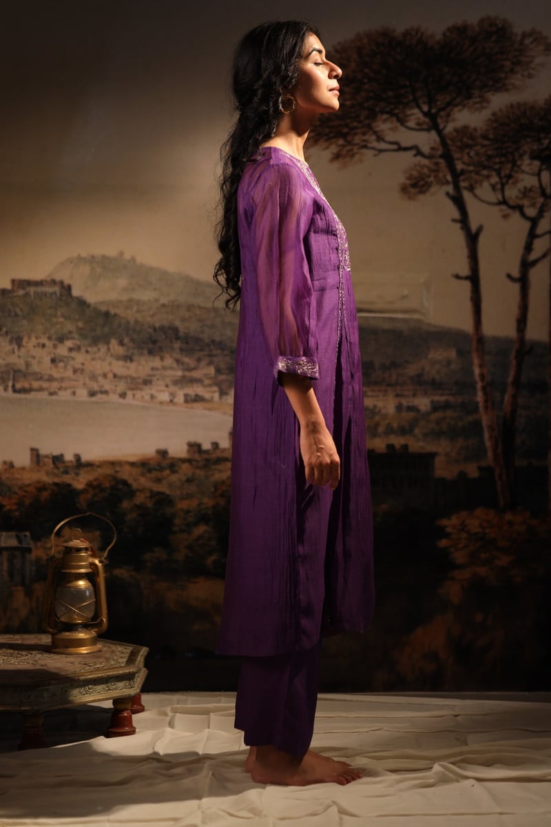 Purple Chanderi Embroidered Kurta Set with Pants and Slip