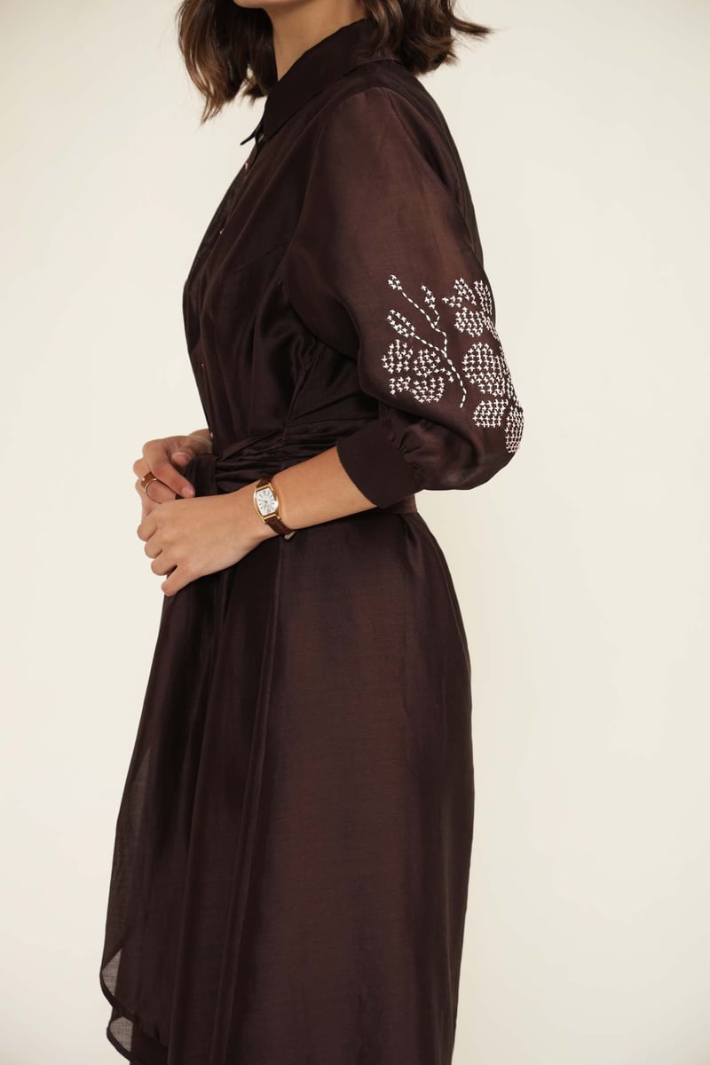 Grape Silk Chanderi Midi Shirt Dress With Hand Embroidery