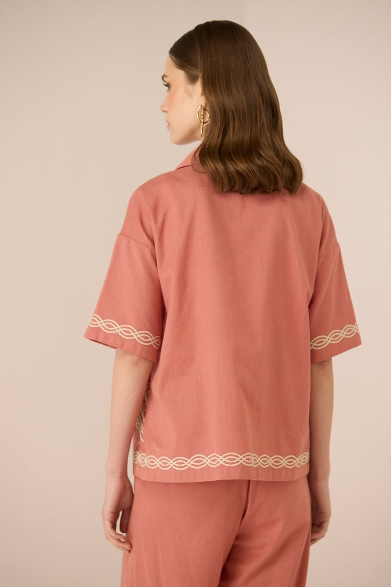 Coral Pink Cotton Linen Oversized Embroidered Shirt
