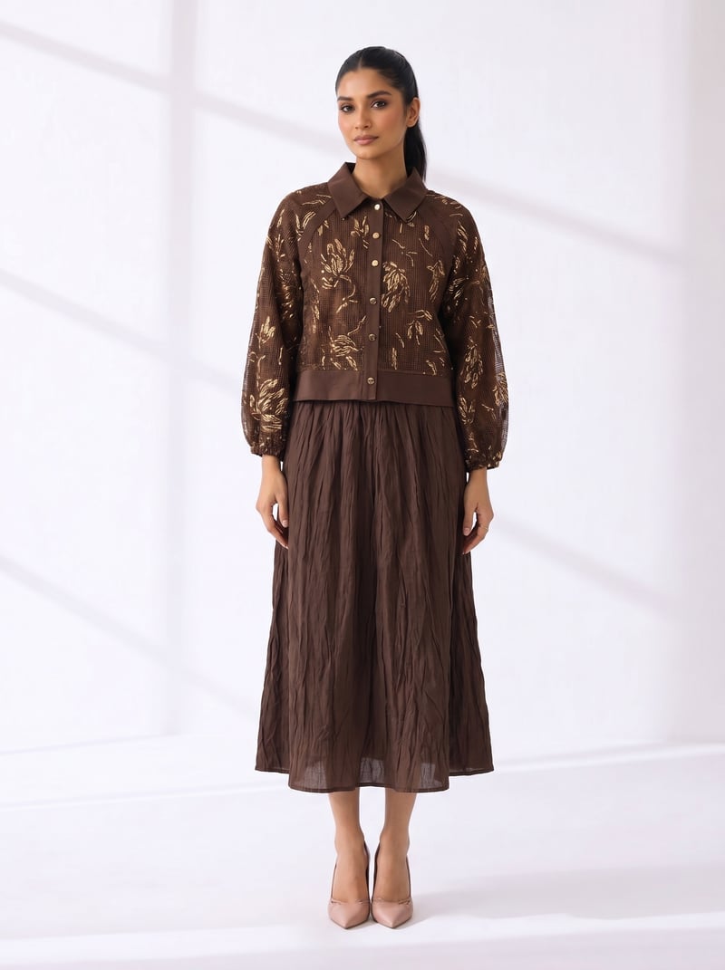 Brown Shirt and Midi Skirt Co-ord Set — THE LUXURY DRESSING