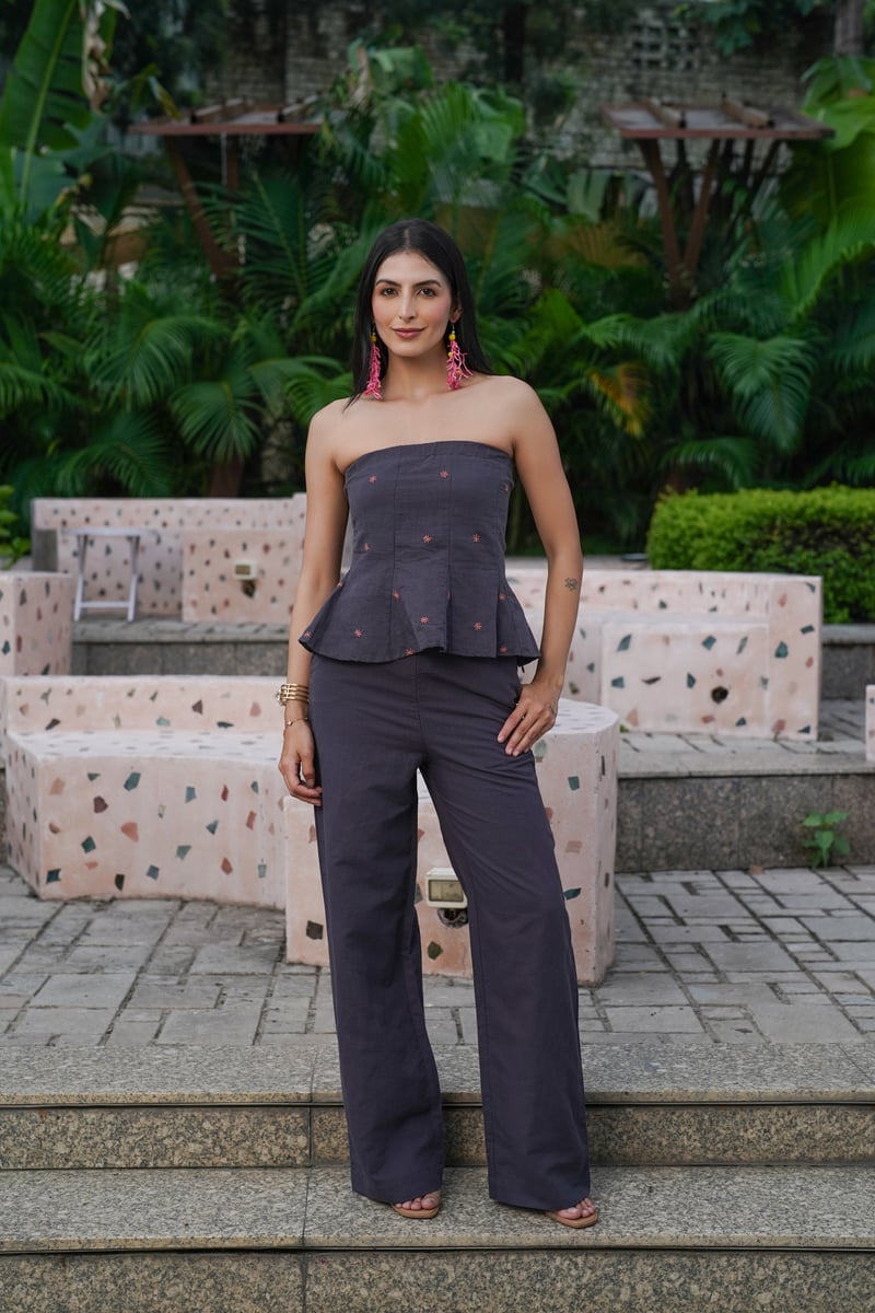 Periscope Blue Linen Embroidered Peplum Tube Top