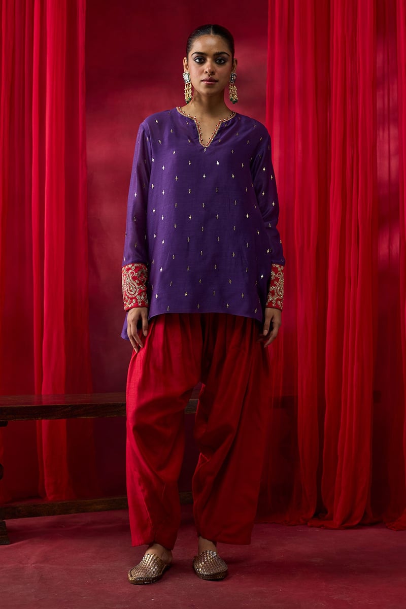 Purple Tunic and Red Salwar Co-ord Set With Embroidered Cuffs — Shikha Mehta