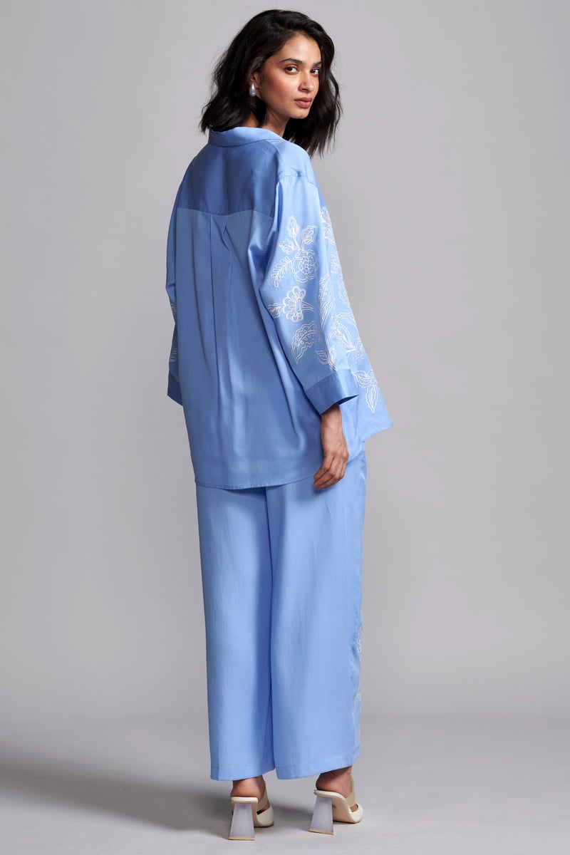 Pastel Blue Tencel Placement Embroidered Relaxed Fit Shirt