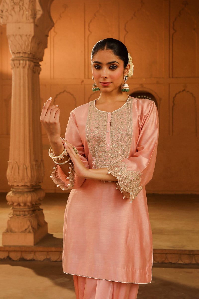 Off Rose Chanderi Embroidered Kurta and Salwar Set
