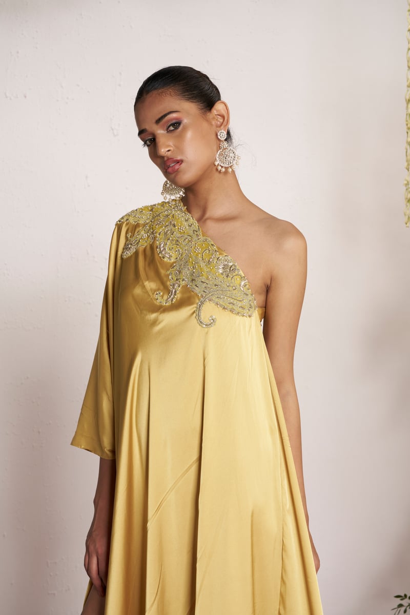 Yellow One-Shoulder Satin Kaftan with Beaded Neckline
