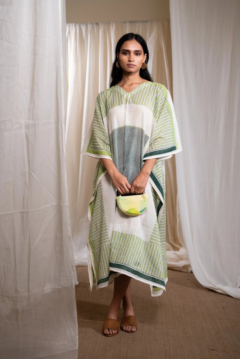 White Striped Cotton Kaftan with V-Neck