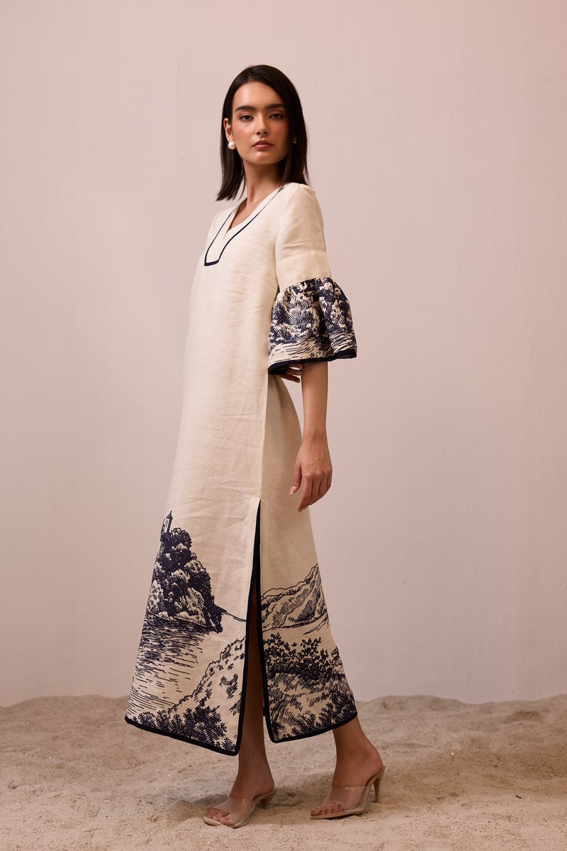 Apricot Linen Maxi Dress with Navy Scenic Border Print