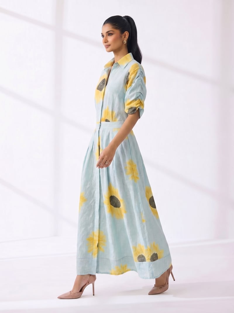 Sunflower Print Maxi Shirt Dress