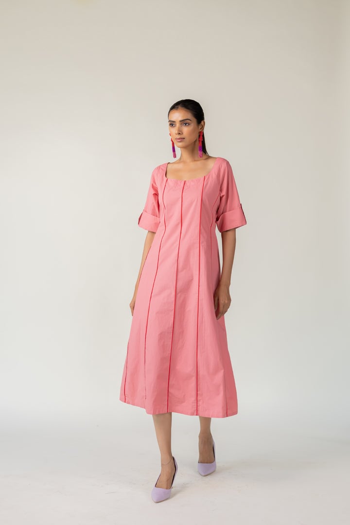 Blush Pink Poplin A-Line Midi Dress with Square Neck