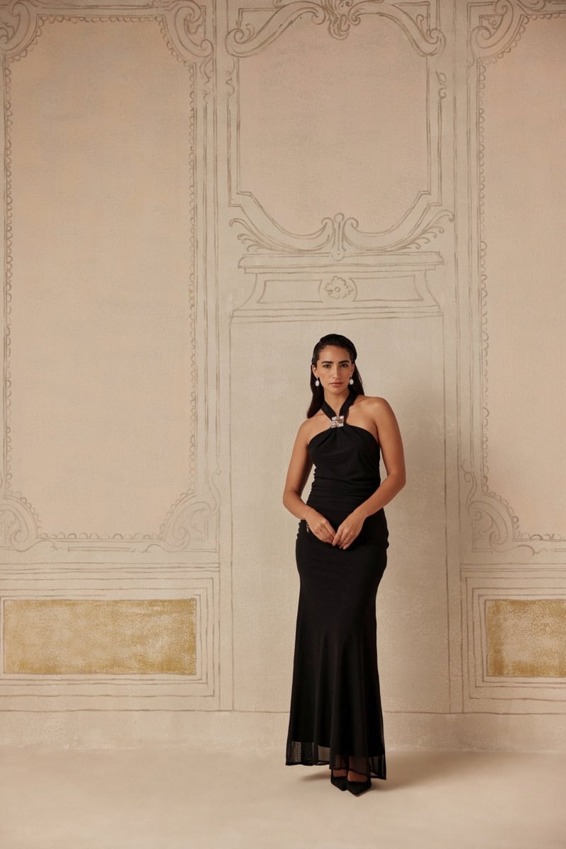 Black Halter Neck Maxi Dress with Gold Accent — Sage by Mala