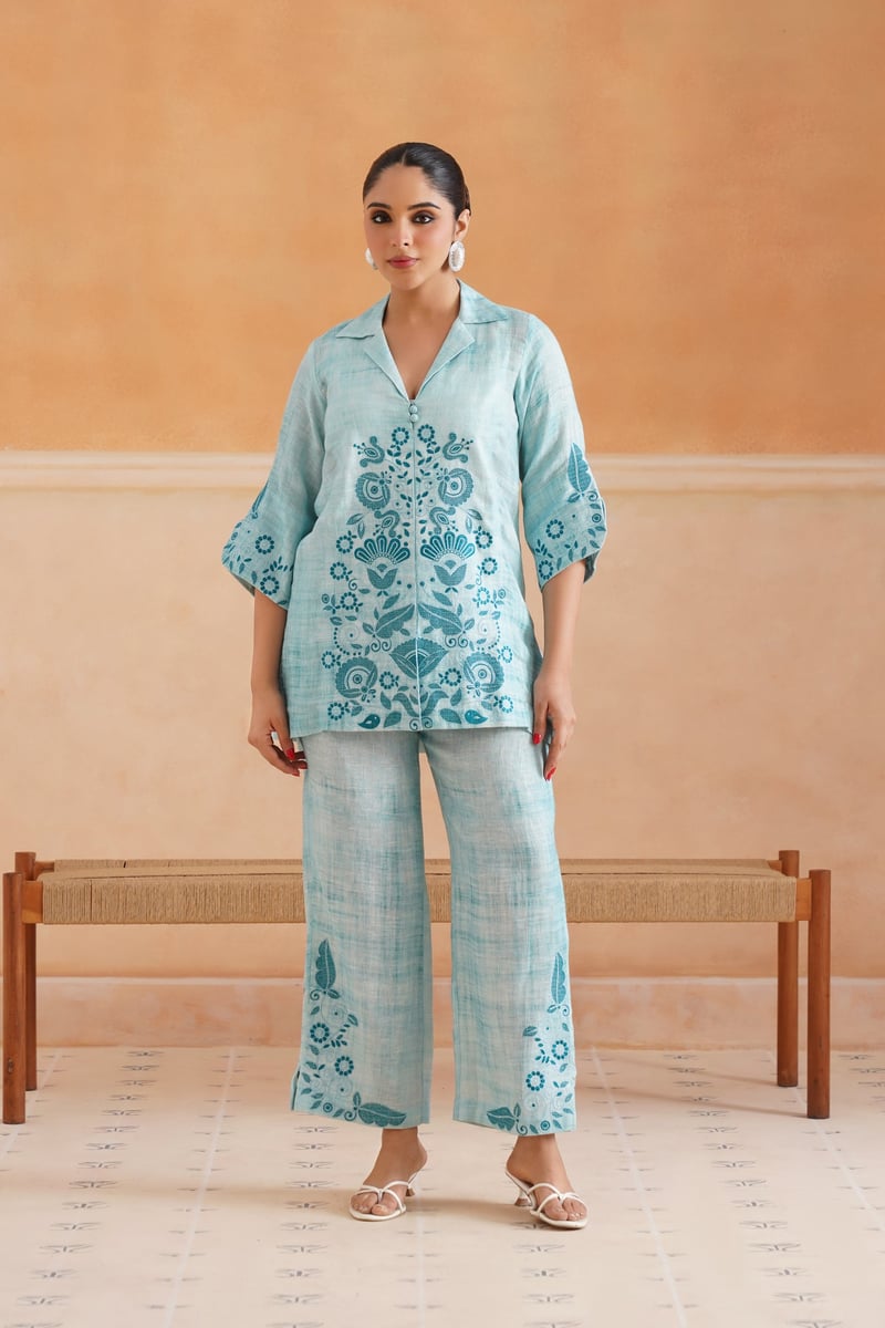 Aqua Blue Linen Embroidered Kurta Co-ord Set