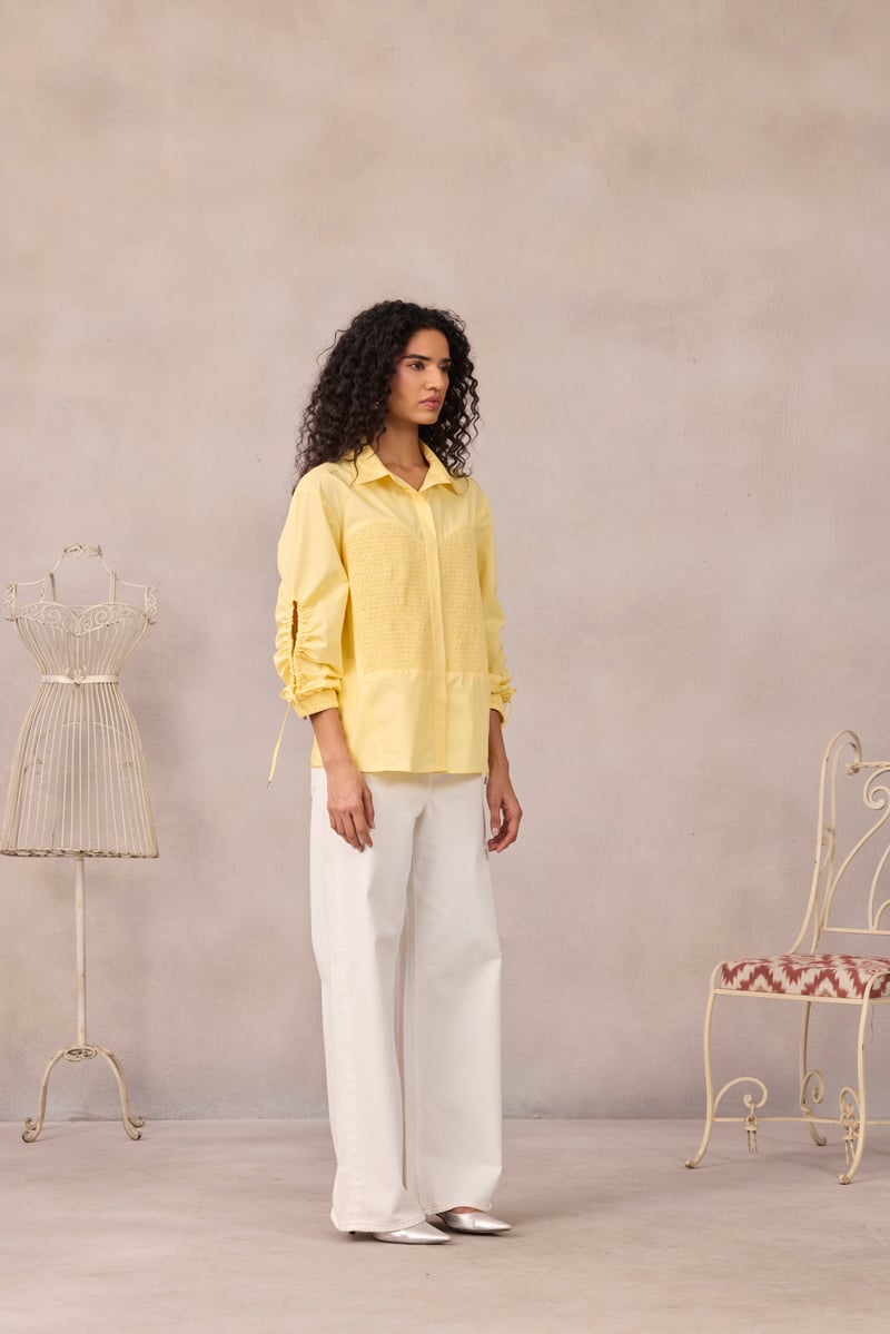 Lemon Sorbet Smocked Poplin Shirt with Ruched Sleeves