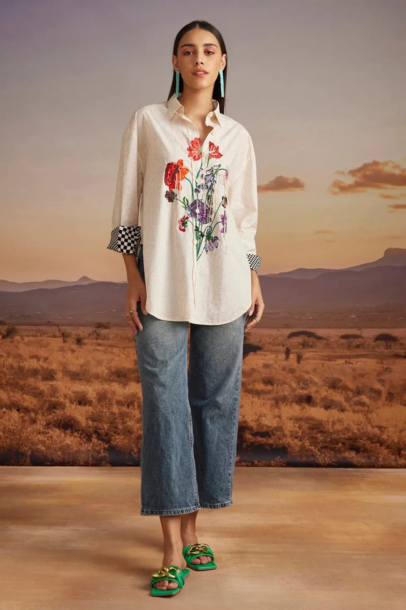 Beige Cotton Poplin Floral Embellished Longline Shirt