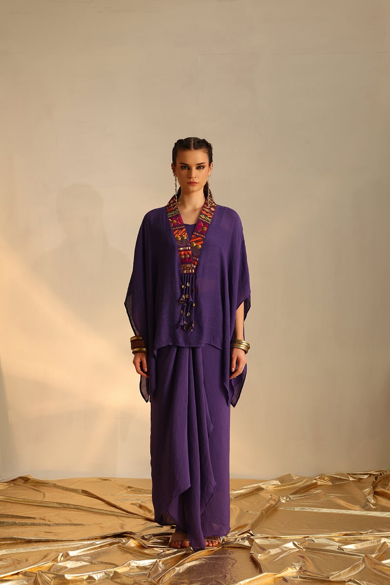 Purple V-Neck Poncho and Draped Maxi Skirt Co-ord Set — EnEch