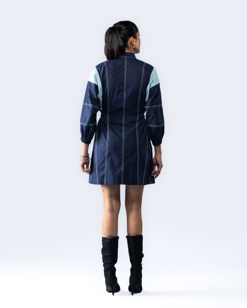 Navy Colorblocked Zip-Front Collared Mini Dress