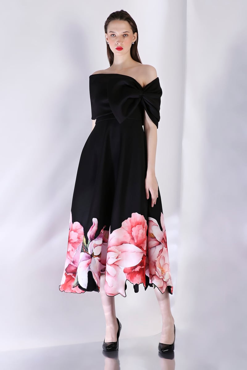 Black Off-Shoulder Bow Midi Dress with Floral Hem Print