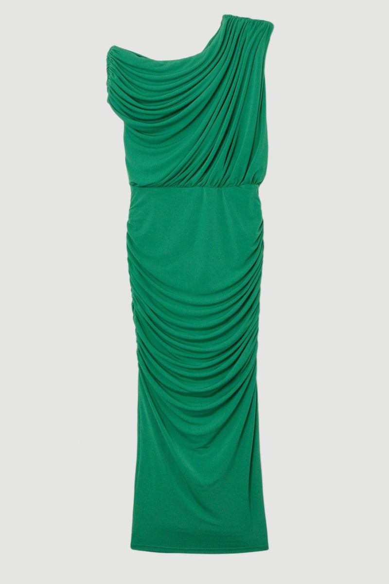 Green One-Shoulder Ruched Maxi Dress with High Side Slit