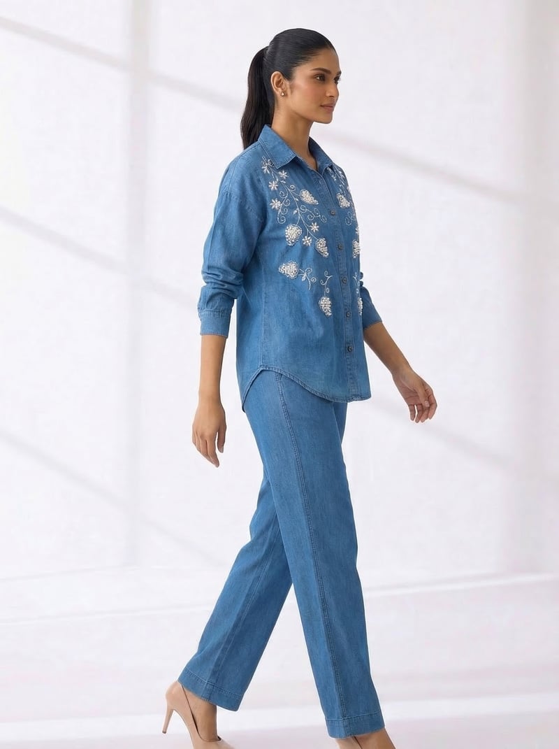 Blue Denim Embroidered Shirt and Trouser Co-ord Set