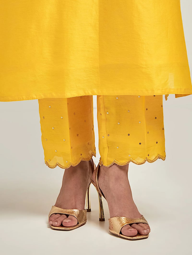 Yellow Silk Chanderi Embroidered Kurta Set with Pants