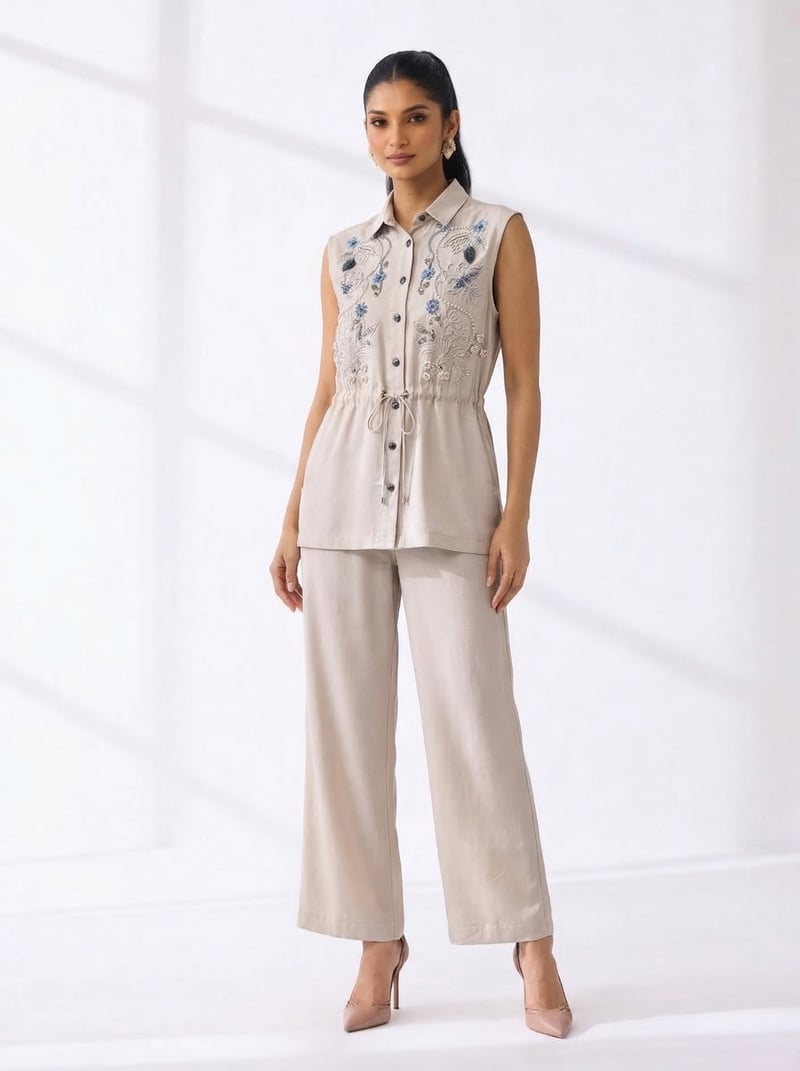 Beige Embroidered Sleeveless Shirt and Pant Co-ord Set — THE LUXURY DRESSING