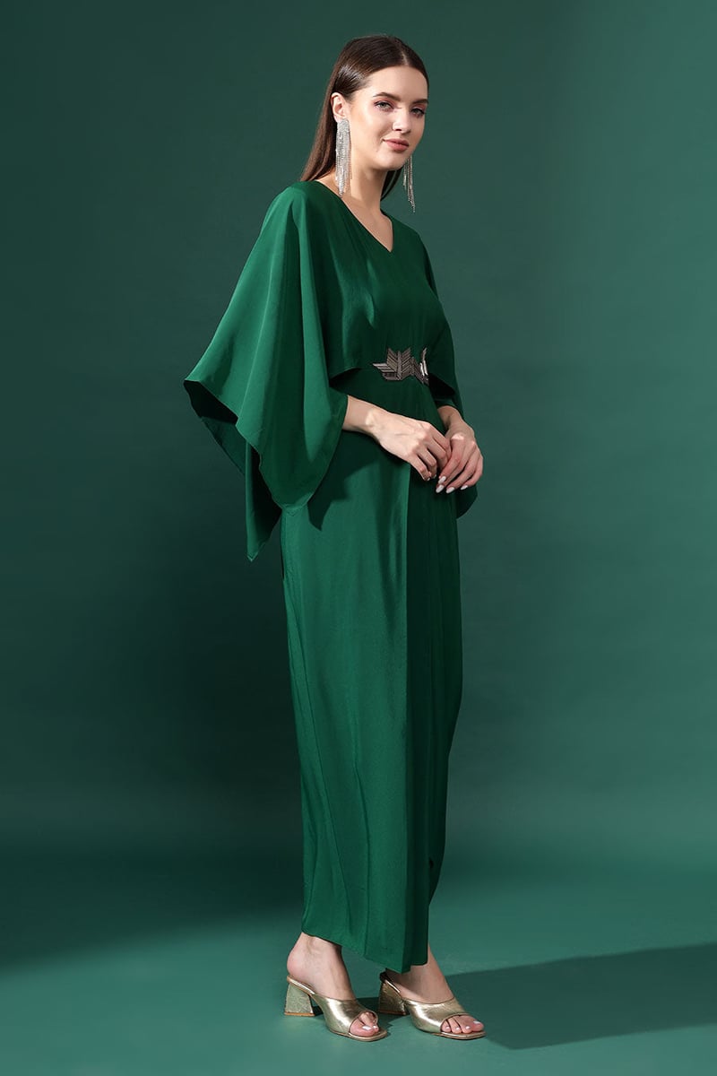Bottle Green Silk Crepe Draped Maxi Dress with Cape Sleeves
