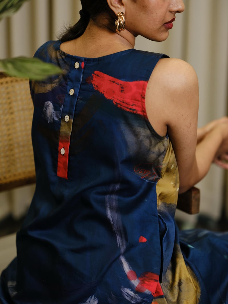 Multicolor Cotton Satin Abstract Print Shift Dress