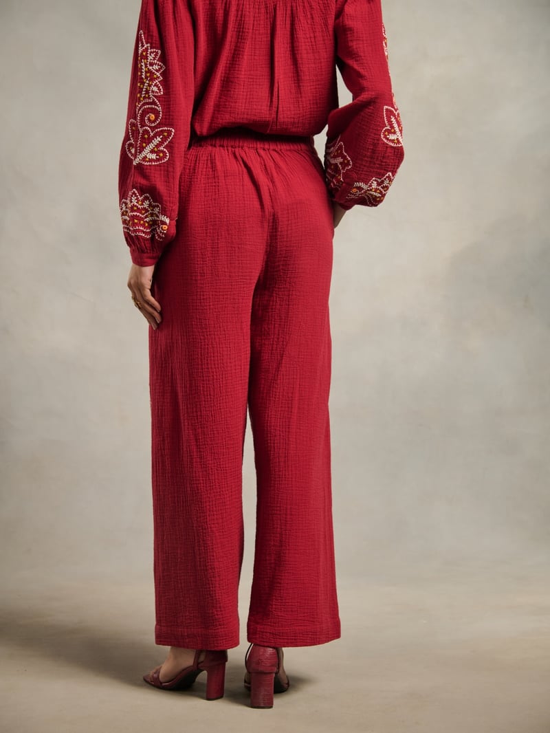 Maroon Embroidered Wide-Leg Cotton Trousers