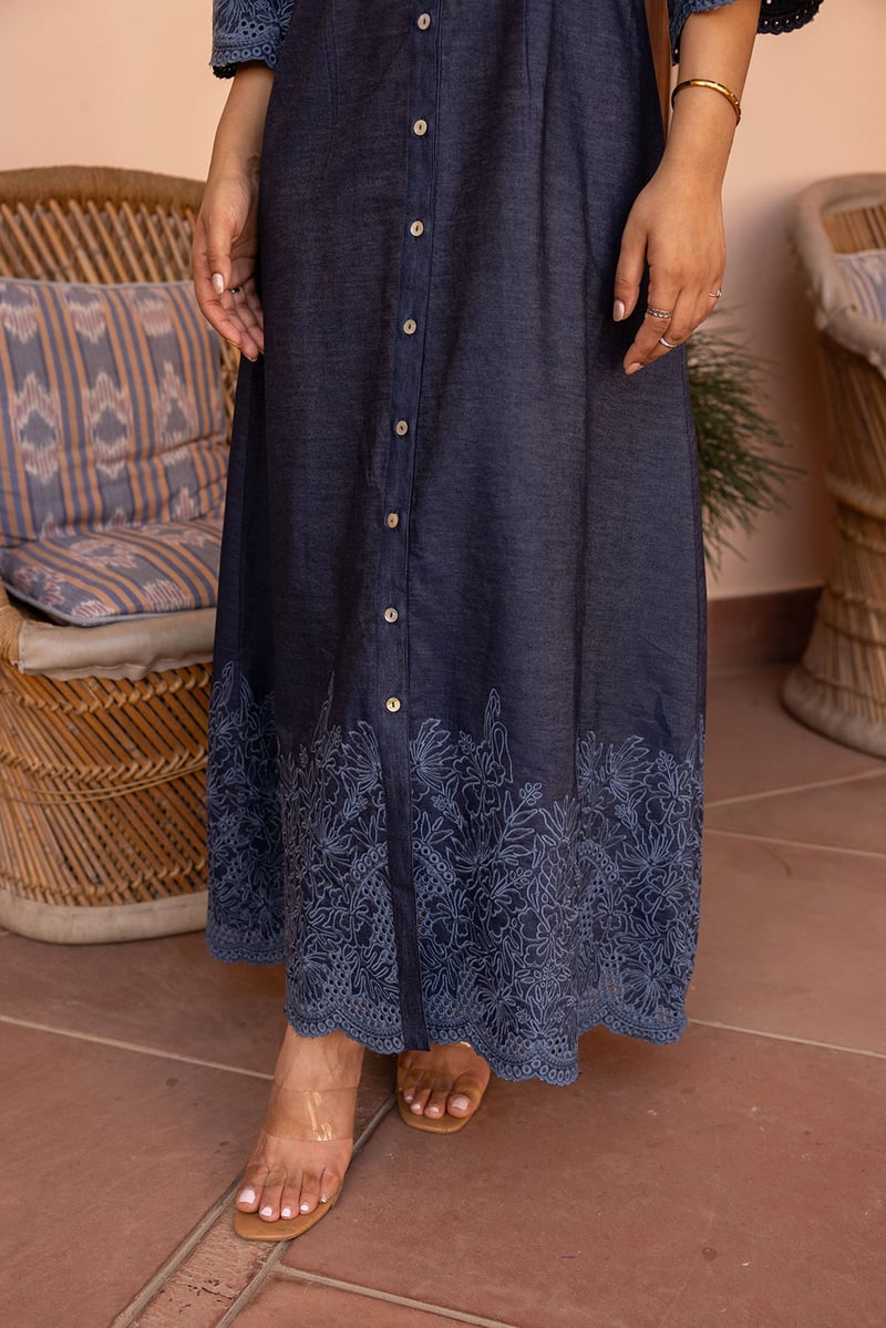 Blue Denim Maxi Shirt Dress with Belt and Cutwork Hem