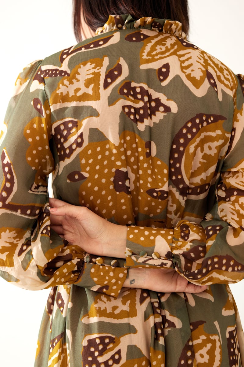 Olive And Mustard Floral Long Dress