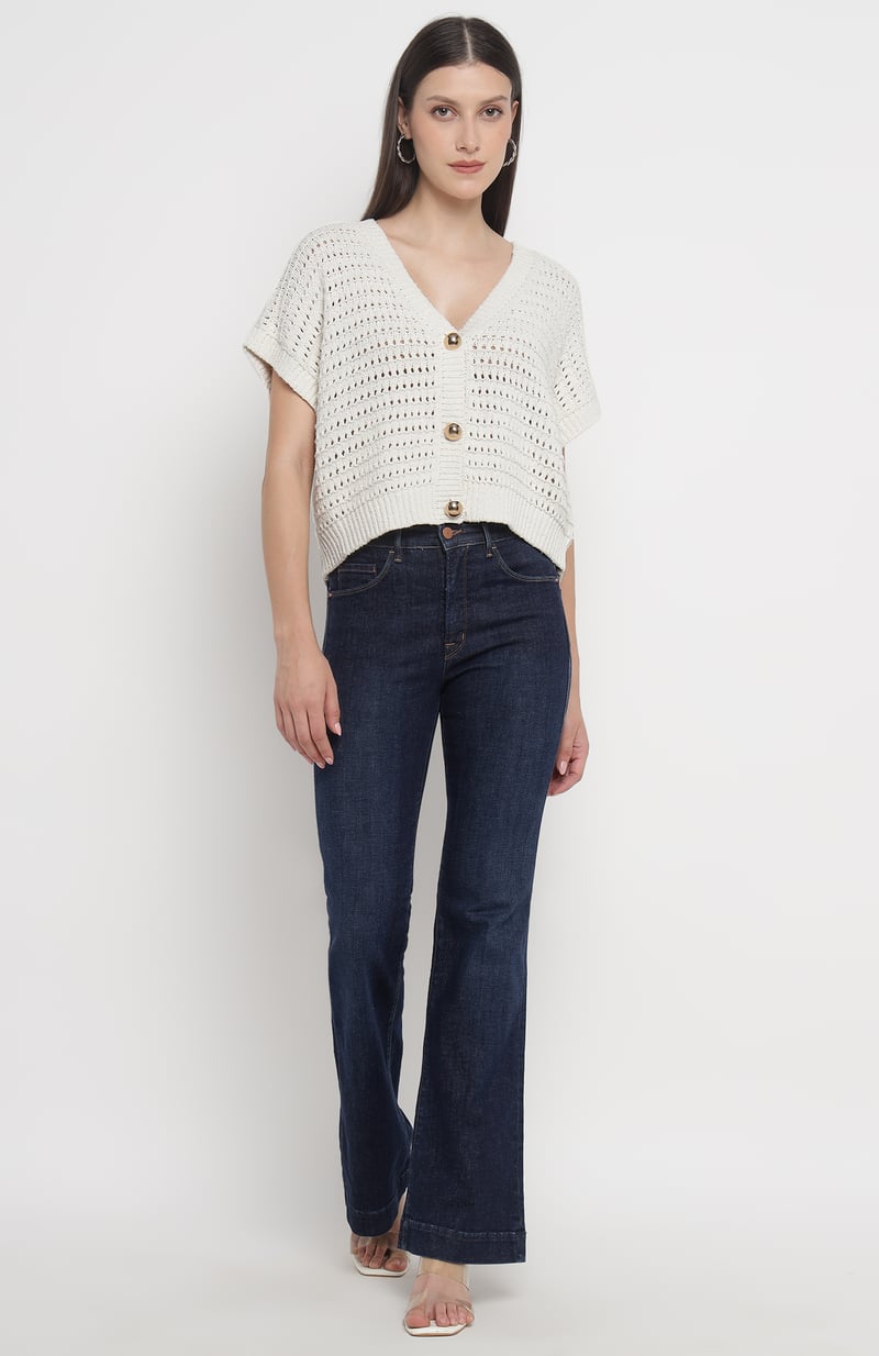 Off-White Openwork Knit Cropped Cardigan with Gold Buttons