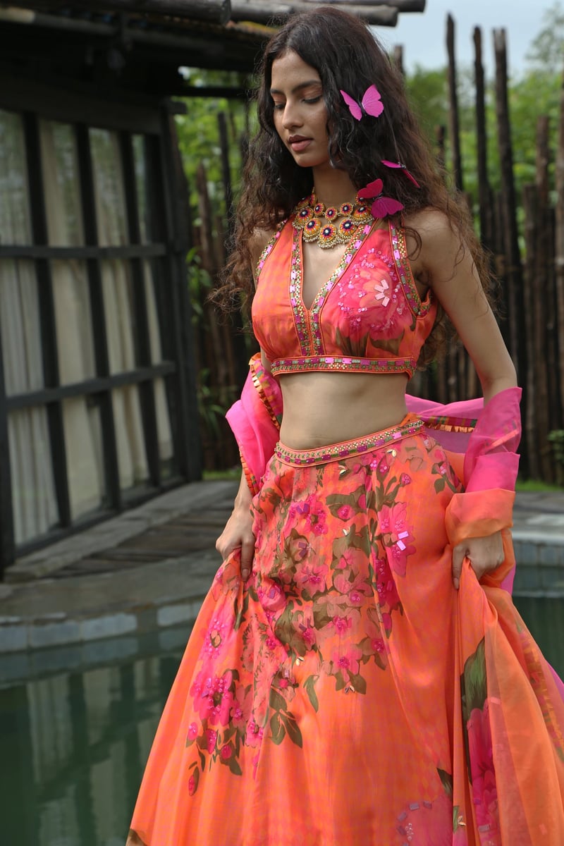 Orange Floral Organza Lehenga Set with Tie-Back Choli