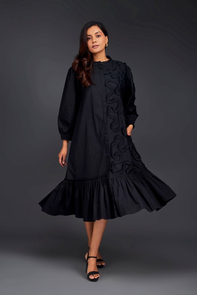 SHIRT DRESS WITH PLEATED FRILL DETAILING ON ONE SIDE — Deepika Arora
