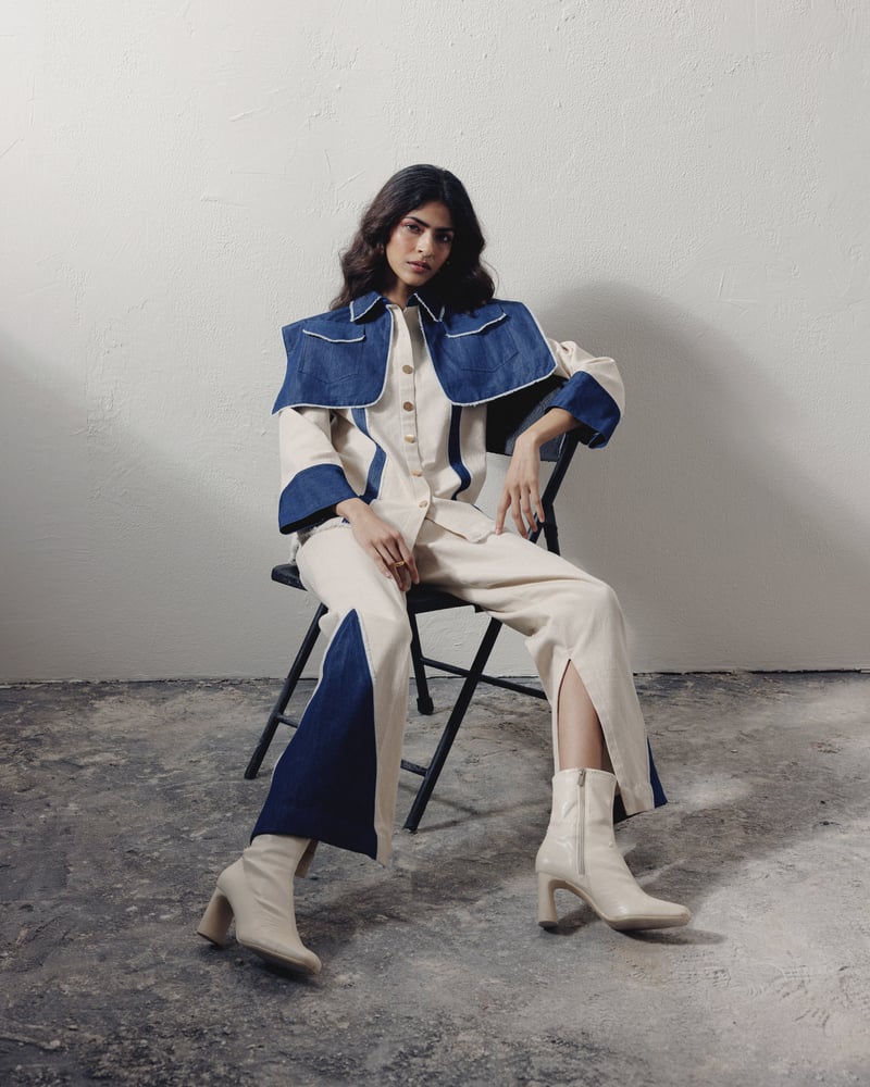 Blue and White Colorblocked Denim Shirt with Shoulder Flap