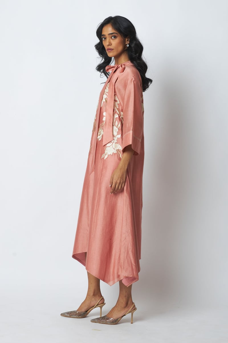 Old Rose Embroidered Achkan-Style Hi-Low Midi Dress