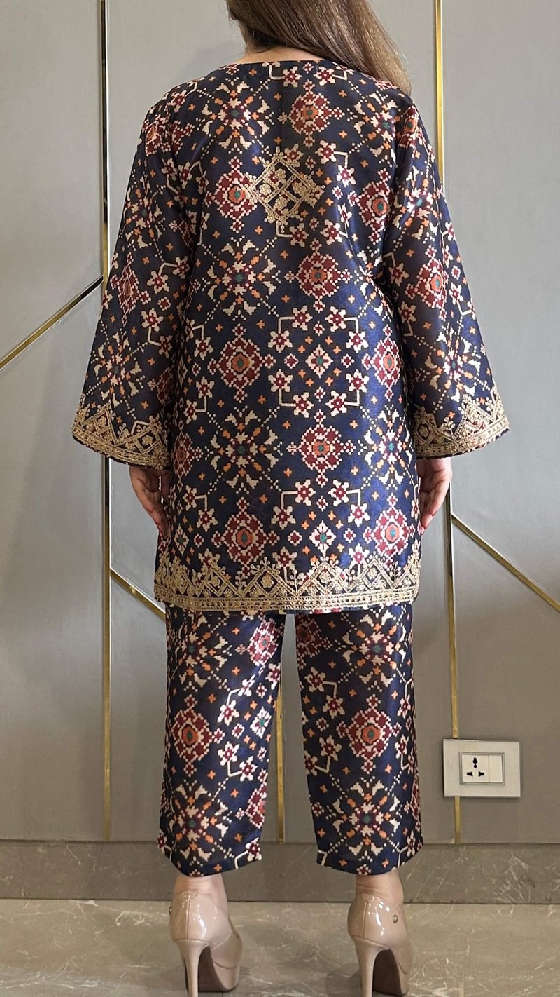 Navy Patola Embroidered Tussar Silk Kurta Set