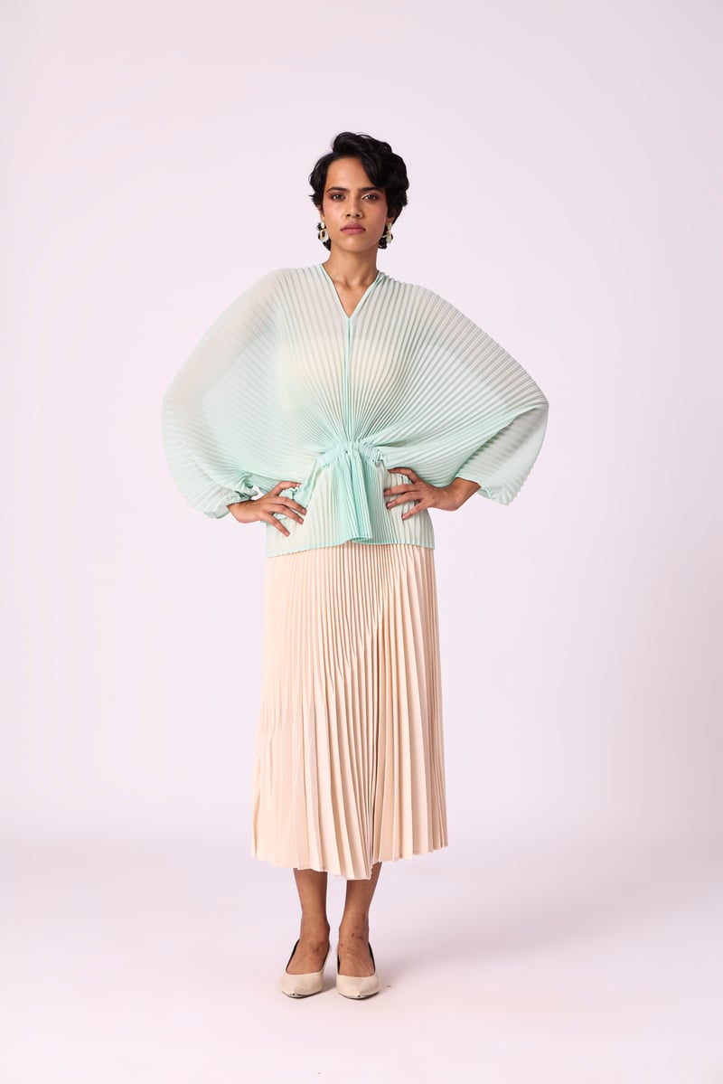 Cream Accordion Pleated Midi Skirt