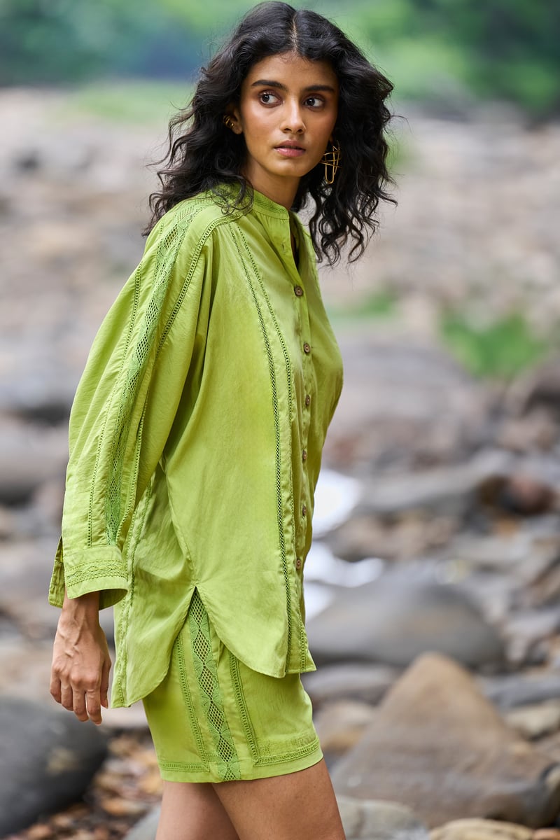 Lime Lace Insert Button-Down Shirt with Band Collar