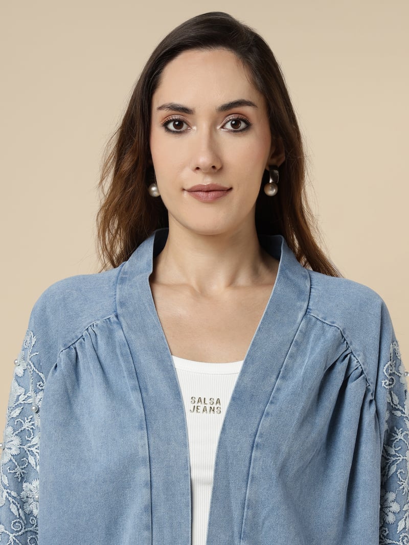 Light Blue Denim-Look Embroidered Longline Jacket