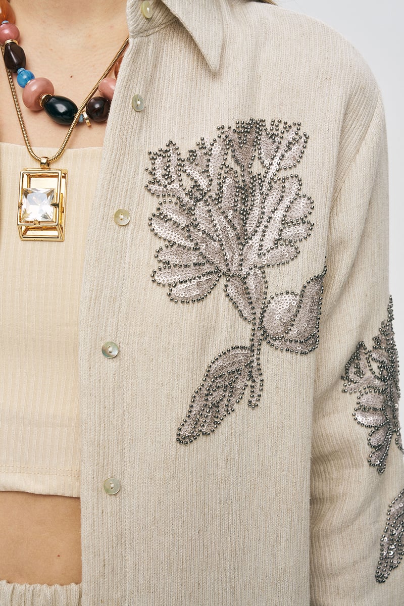 Cream Embellished Shirt and Wide-Leg Pants Co-ord Set